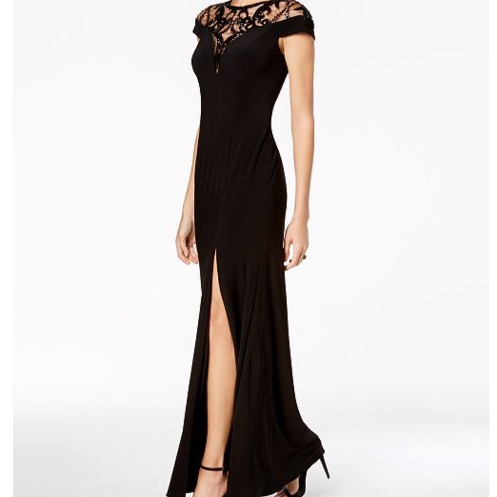Long black dress with slit and sequin neck